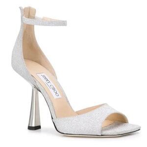 Jimmy Choo Reon 100 Glitter Sandals Heels Silver Sparkle Sz 41